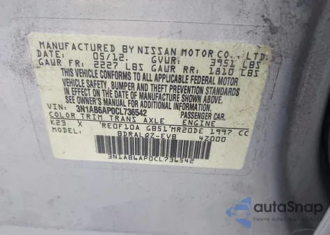 2012 Nissan Sentra 2.0 z USA, uszkodzony, nr VIN 3N1AB6AP0CL736542